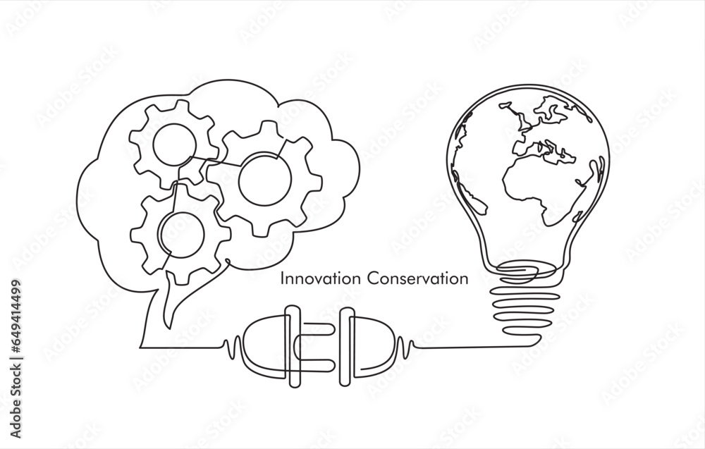 Earth globe inside lightbulb thoughts in a man's head in one continuous line drawing. Vector Concept of Eco innovation, idea of green energy and global solution with electricity in simple doodle Earth globe inside lightbulb thoughts in a man's head in one continuous line drawing. Vector Concept of Eco innovation, idea of green energy and global solution with electricity in simple doodle