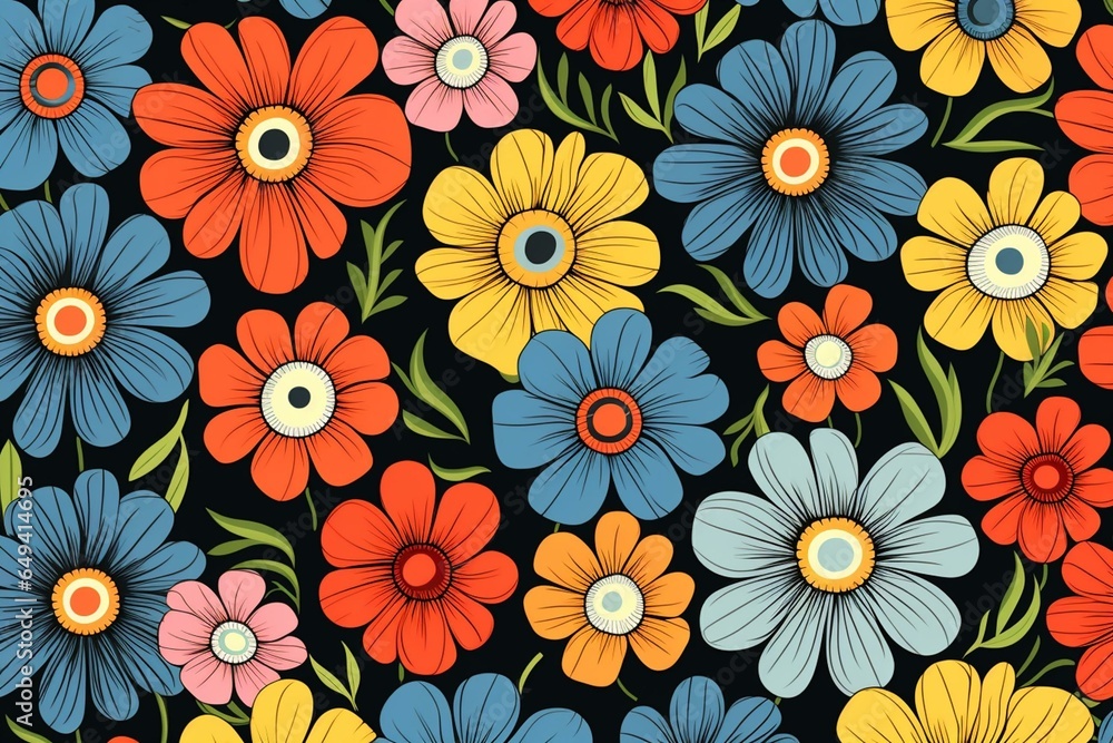 Seamless retro flowers pattern in 1970s and 1980s fashion; flat artwork. Generative AI
