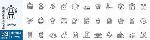 set of 33 line web icons coffee. Icoffee maker machine, beans, Espresso cup. Collection of Outline Icons. Vector illustration.