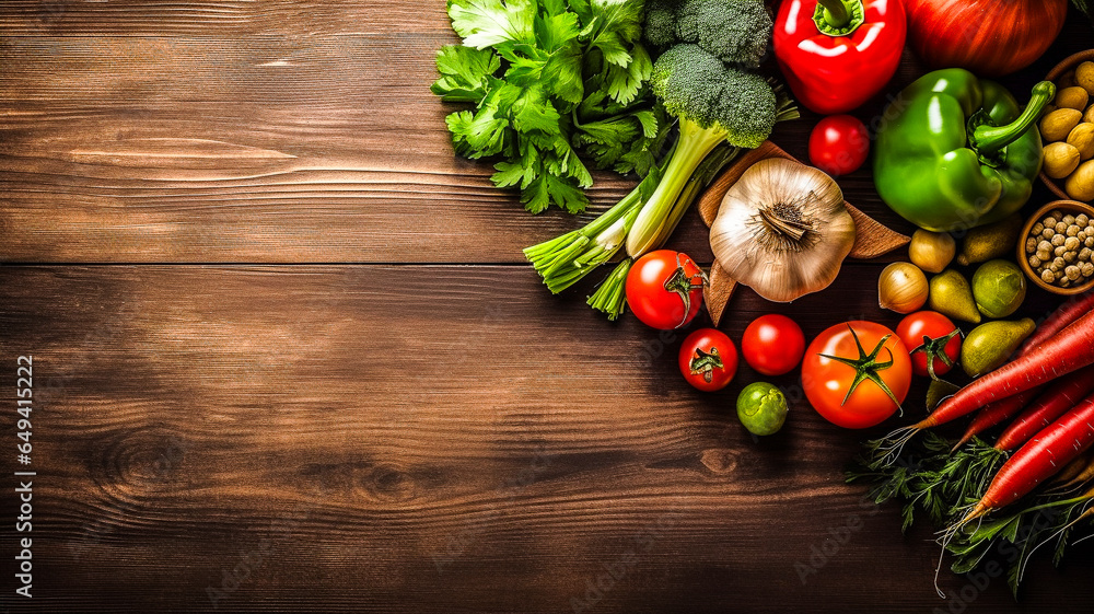 Table en bois avec légumes, vue de dessus, avec place pour texte Table en bois avec légumes, vue de dessus, avec place pour texte