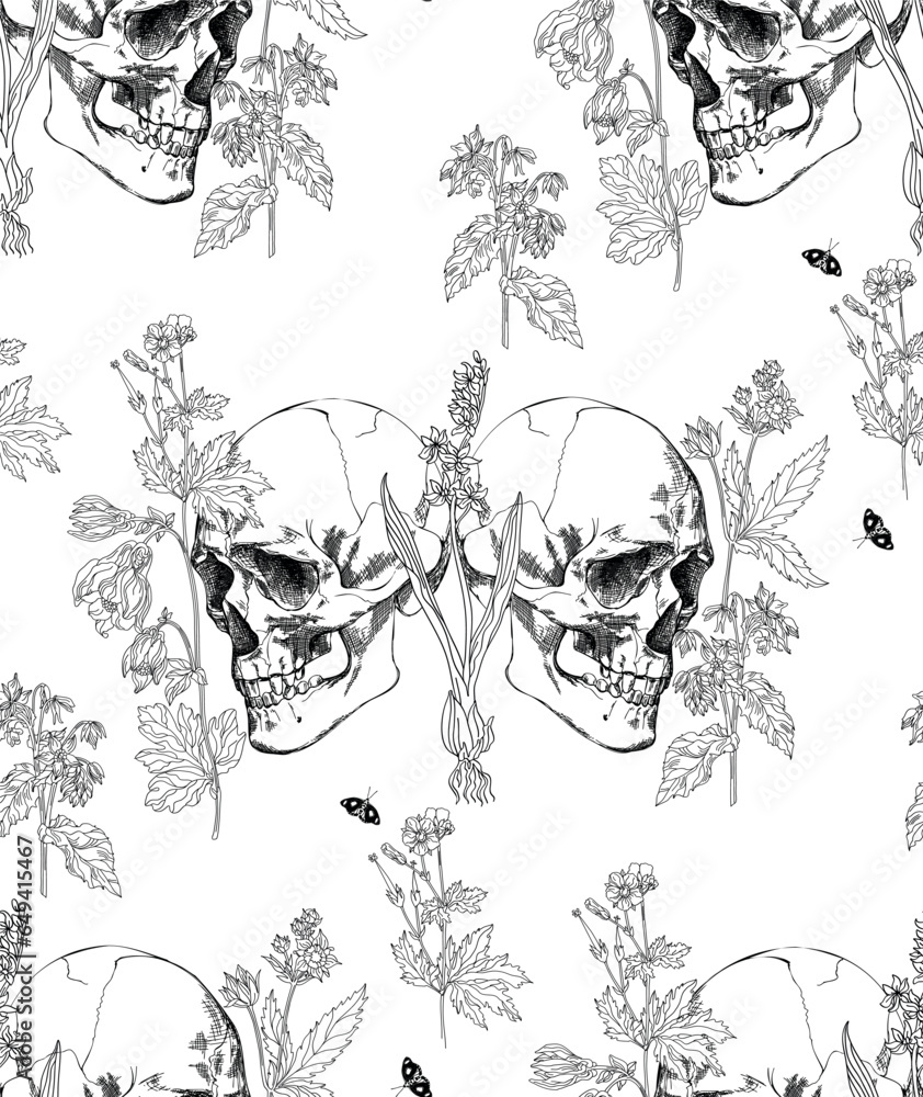 Fototapeta premium Vintage skull with flowers seamless pattern