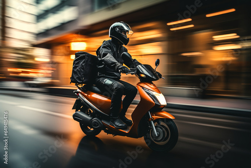 Modern delivery motorcycle driving fast in city traffic.ai generative © Oleksandr