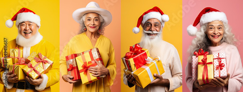 Collection of different elderly people with Christmas gifts on colorful background, panorama. Collage