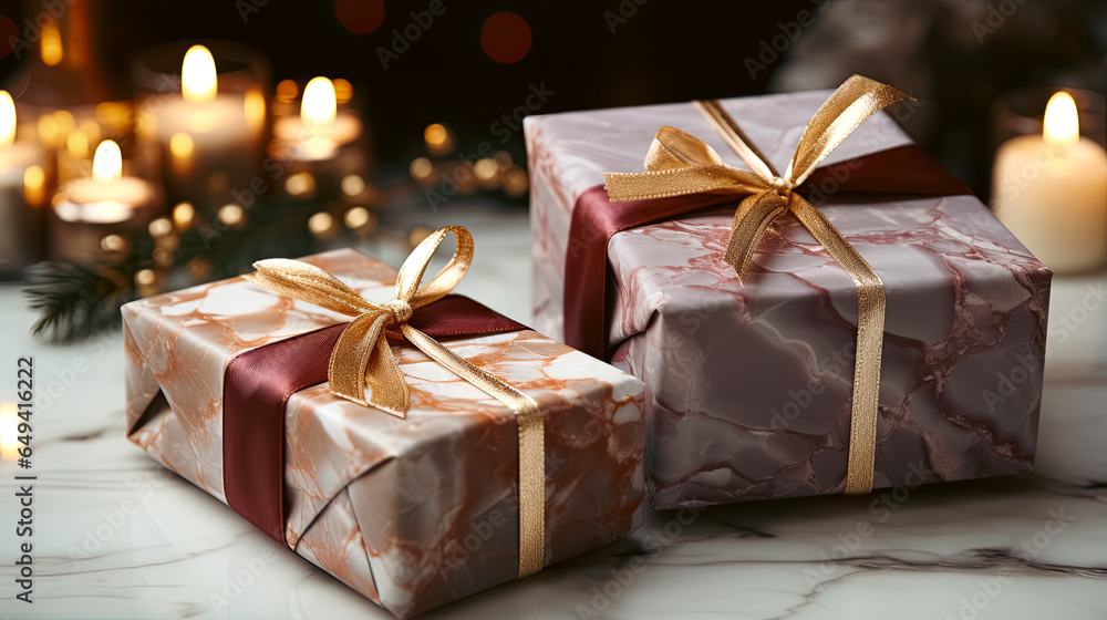 Elegant gift boxes on white marble table, top view. Elegant gift boxes on white marble table, top view.
