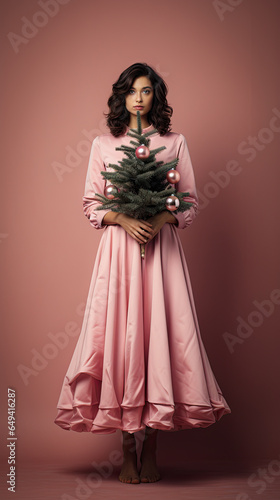 Young adult lady in pink dress and holding small christmas tree with pink christmas decoratioin on pink background. Copy space. Festive atmosphere