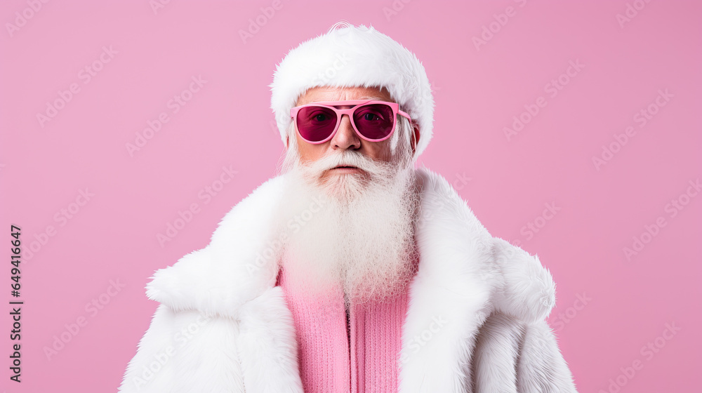 Portrait of Santa Claus in sunglasses on a pink background Portrait of Santa Claus in sunglasses on a pink background