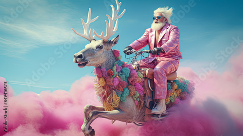 Bright Santa Claus in Rococo style ride in deer on pink cloud. An attractive hipster Santa Claus. Minimal winter holidays idea. © Tamara