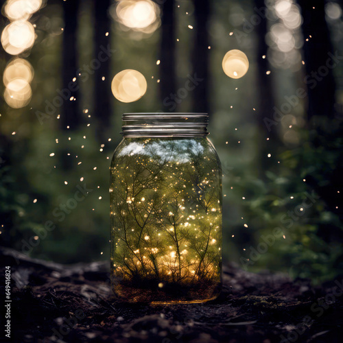 Close up of a glass jar filled with glowing fireflies