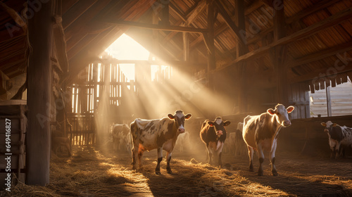 cowshed, several animals, cowshed illuminated by the morning sun, lots of clean hay, agriculture.ai generative