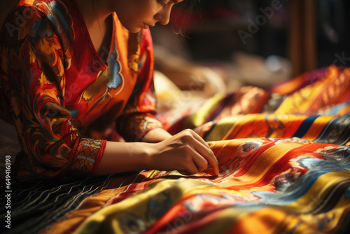 A weaver creating traditional clothing with vibrant patterns. Generative Ai.