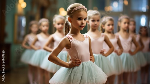 Children dressed in ballet costumes practicing their poses.