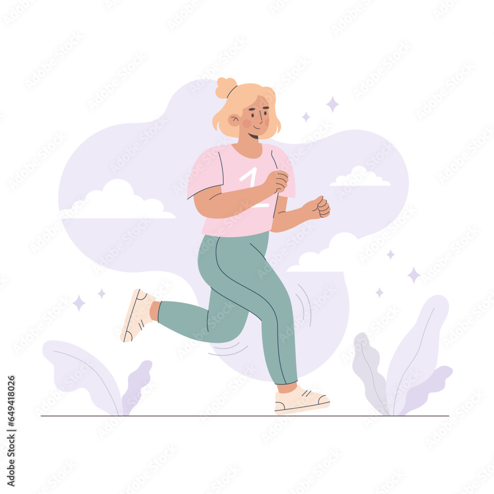 Fototapeta premium Young woman jogging. Active healthy lifestyle concept running city competition marathons cardio workout exercise. Isolated vector illustrations for flyer leaflet advertising banner 