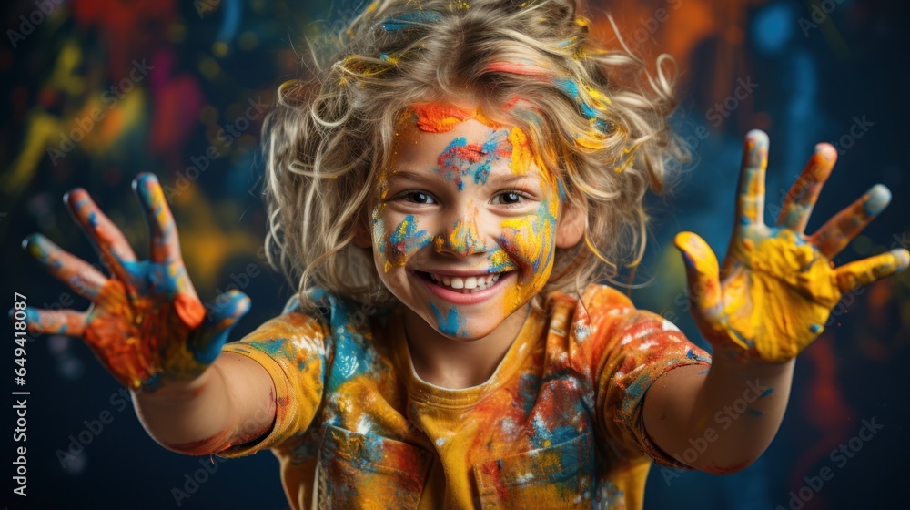 A child with paint on his hands and face, showing the joy of painting. A child with paint on his hands and face, showing the joy of painting.