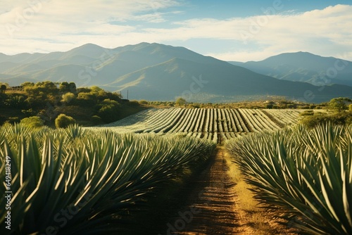 Fototapet Stunning agave fields with a vanishing point perspective in the picturesque mountains of Tequila, Jalisco