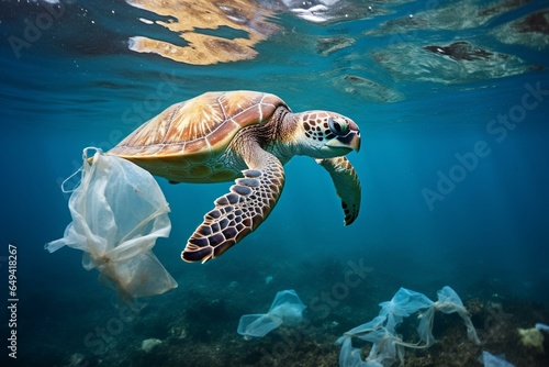 Underwater pollution with plastic waste; sea turtle tangled in plastic bag and bottle in the ocean. Generative AI