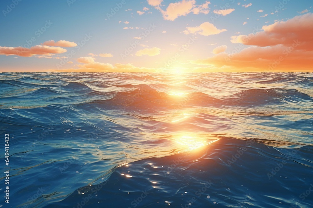 A serene ocean with sun reflection, rippling waves, clear sky, beautiful sunlight. Generative AI