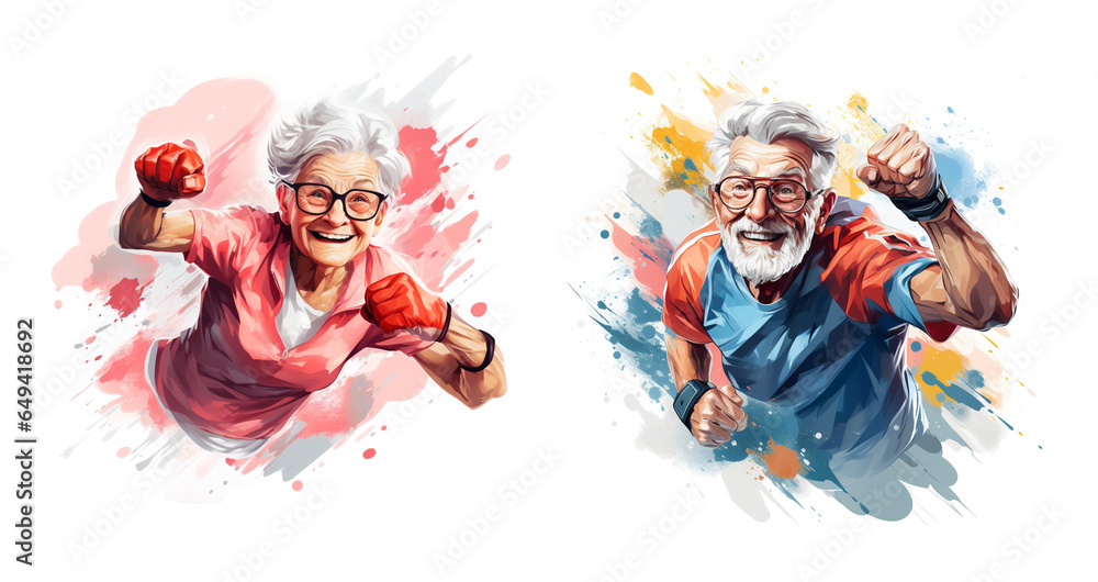 Happy elderly people chearing, watercolor illustration banner - obrazy, fototapety, plakaty 