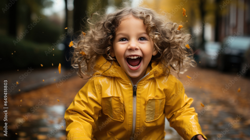 A child wearing a raincoat and playing happily in a rainy weather.