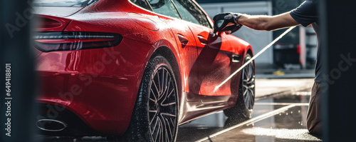 Automobile dealer washing a luxury car. Red car wash close up. copy space for text.