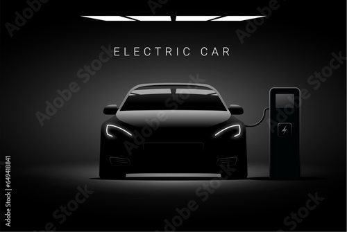 Electric car ev charge station vector concept. Electric vehicle charger energy background neon battery illustration