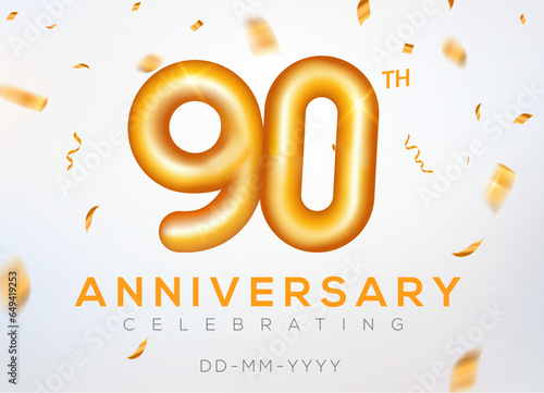 90 year anniversary gold number celebrate jubilee vector logo background. 90th anniversary event golden birthday design.