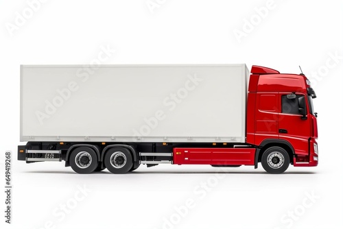 A big contemporary truck with a white trailer and a red cab. Seen from the side on a white background. Generative AI