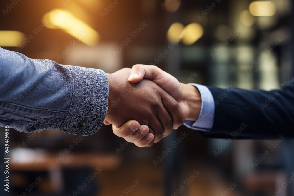 A close-up of a person's hand shaking another's hand in a gesture of sealing a business deal. Concept of professional agreements. Generative Ai. A close-up of a person's hand shaking another's hand in a gesture of sealing a business deal. Concept of professional agreements. Generative Ai.