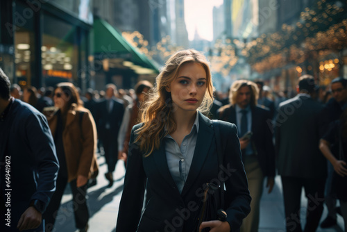 A bustling downtown street filled with professionals in business attire, reflecting the concept of urban commerce and corporate life. Generative Ai.