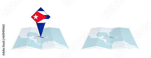 Two versions of an Cuba folded map, one with a pinned country flag and one with a flag in the map contour. Template for both print and online design.