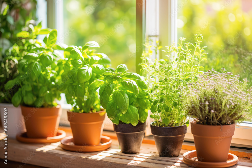 Green herbs growing in pots by the window, a delightful and healthy addition to your food, nurtured through the art of gardening. Green herbs growing in pots by the window, a delightful and healthy addition to your food, nurtured through the art of gardening.