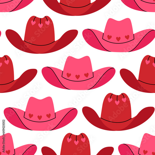 Seamless pattern of various cowgirl hats with hearts and stars. Vector flat background. Retro disco cowboy party concept