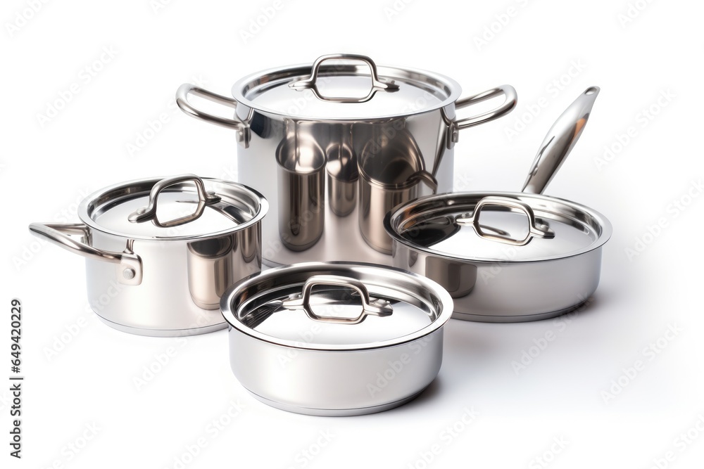 An isolated set of clean and shiny stainless steel pots and pans, showcasing their new and pristine condition on a white background.