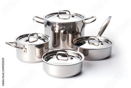 An isolated set of clean and shiny stainless steel pots and pans, showcasing their new and pristine condition on a white background.