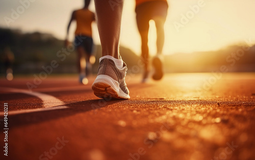 Runners running on the running track, no faces, close-up on the legs
