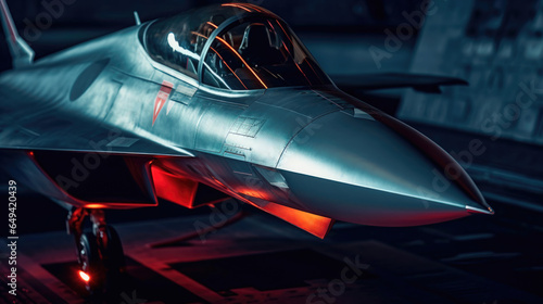 A Futuristic and Supersonic Fighter Jet in a Dark Hangar photo