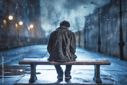 A young adult man sitting alone in the city, his expression reflecting deep sadness and loneliness.