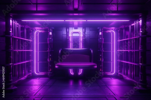 A modern prison cell with metallic bars and vibrant purple neon lights. Generative AI photo