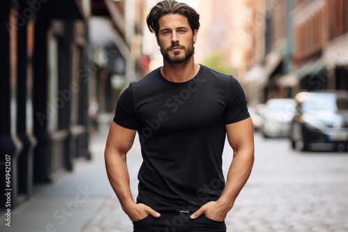 male model in a black cotton t-shirt at the city street