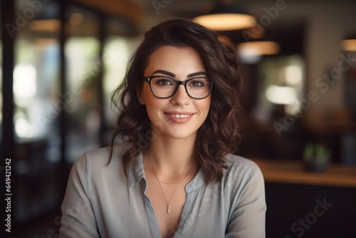 headshot portrait of young professional woman wearing glasses at coffee shop blurry background