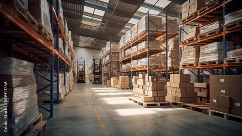 retail warehouse with pallets and forklifts