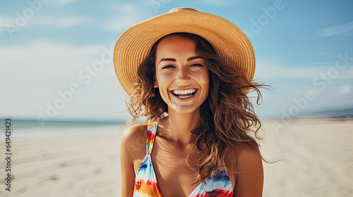 young beautiful woman with a sun hat in front of blurred beach