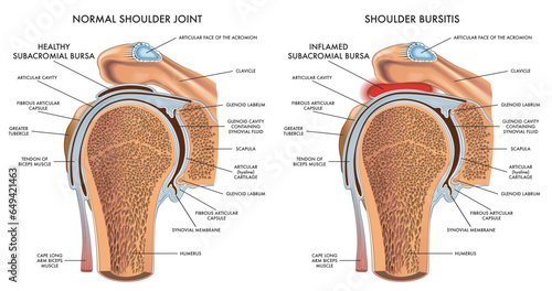 Medical illustration comparing a normal shoulder to a shoulder bursitis, with annotations.