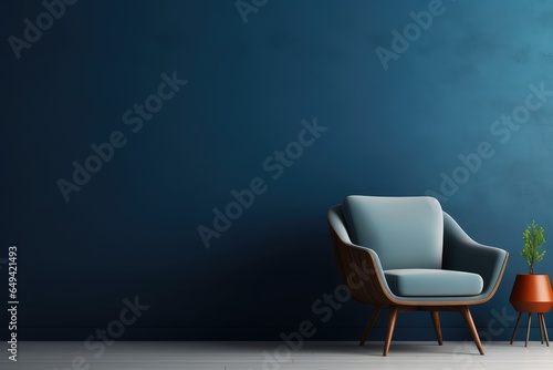 Modern minimalist interior with an armchair on empty dark blue background