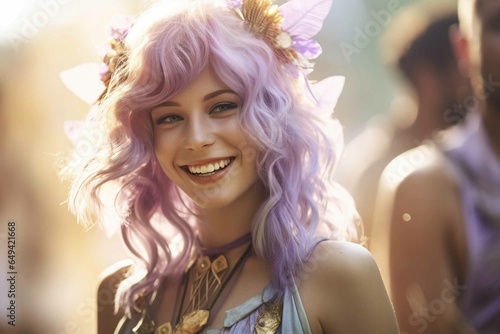 Portrait of smiling woman with Halloween fairy costume with pastel purple hair