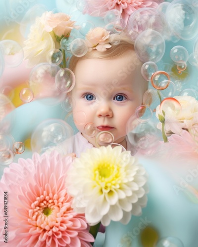 A sweet and curious toddler is surrounded by a stunning array of pastel flowers, billowing smoke, and bright exploding bubbles, capturing the beauty and joy of a spring or autumn day