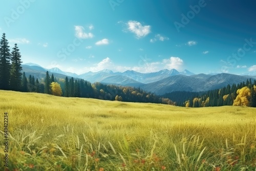 Mountain landscape with blue sky green forest and grass.