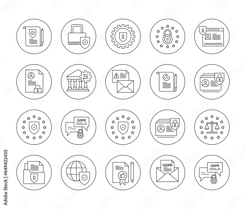 GDPR Privacy Policy Icon Set.  GDPR Compliance Icons
Data Privacy Assurance. Shielding Personal Data. Vector Editable Stroke Icons.