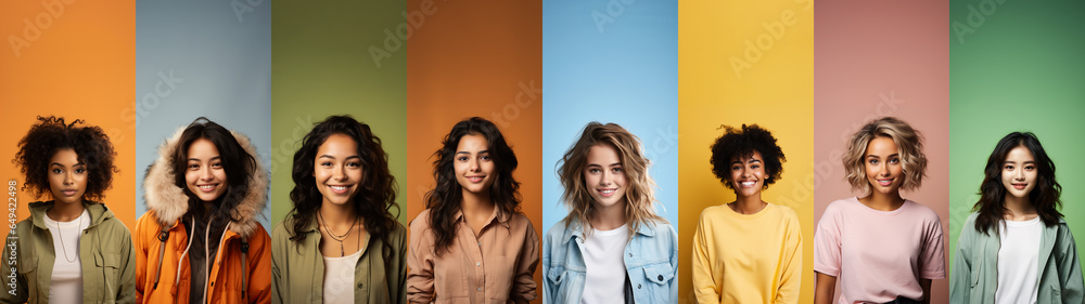 Collage made of portraits of young teenager girl of one age, but different race looking at camera against multicolored background. Multiracial concept - obrazy, fototapety, plakaty 