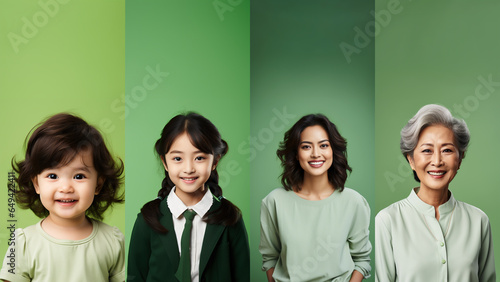 Collage of asian happy women different ages on green backgrounds, panorama. Lot of smiling faces looking at camera. Human resource society database concept. Copy space