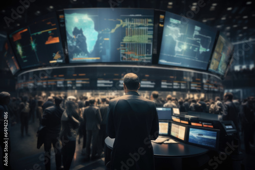 A bustling stock exchange floor with traders in action, symbolizing financial markets and investments. Generative Ai.
